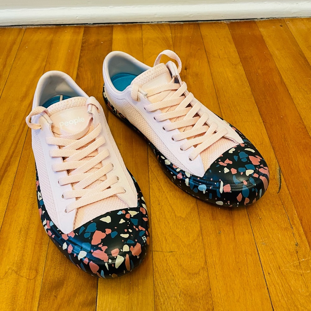 Blush pink low top sneakers with terrazzo sole